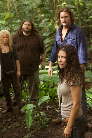 From left, Emilie de Ravin, Jorge Garcia, Josh Holloway and Evangeline Lilly in a scene from "Lost."
