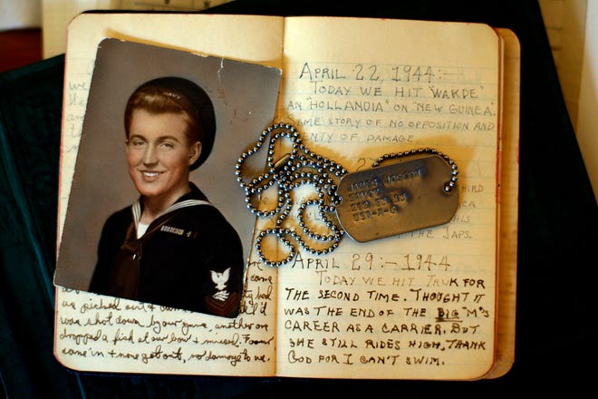 Mike Savoy first found his late father James' World War II diaries when he was around 15. They didn't interest him that much, but now he is in his 40s and finding renewed meaning in the war materials after his mother recently rediscovered them. Pictured is a World War II-era image of James Savoy and his diary and dog tags.
