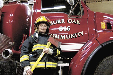Meadow Woodman, 29, a mother of two and Burr Oak’s first female firefighter.