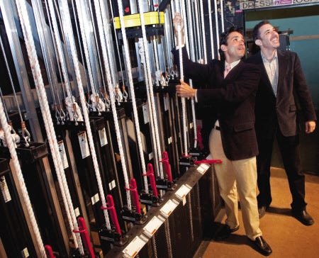 Ogunquit Playhouse’s Executive Artistic Director Bradford Kenney, along with Associate Producer Robert Levinstein, test the newly renovated system backstage last week.

Amy Root-Donle
