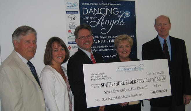 From left: Dr. Lou Schippers, Managing Partner of Visiting Angels, Kim Griffin, Director of Visiting Angels, Nate Murray, Managing Partner of Visiting Angels, Diane Sargent, Director of Corporate Relations for South Shore Elder Services, and Edward Flynn, Executive Director of South Shore Elder Services. Sargent and Flynn are shown receiving a check from Visiting Angels for $7,500.