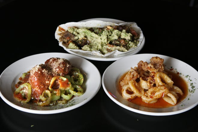 Prestier Pub in Canton Township is one of several new vendors at the second annual Taste of Canton, to be held Thursday on the Kresge lot in downtown Canton. Prestier will be offering small plate servings of (left to right) homemade meatballs with hot peppers, brisket taco and chili garlic calamari.