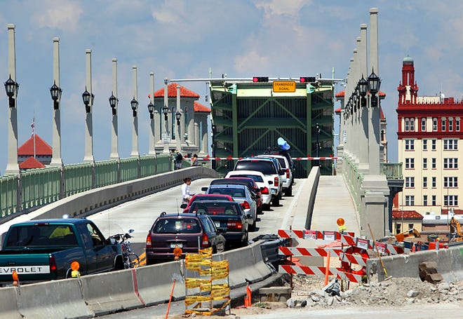Cars wait to cross over the Matanzas River toward downtown St. Augustine as the Bridge of Lions has operational problems Friday morning. By DARON DEAN, daron.dean@staugustine.com