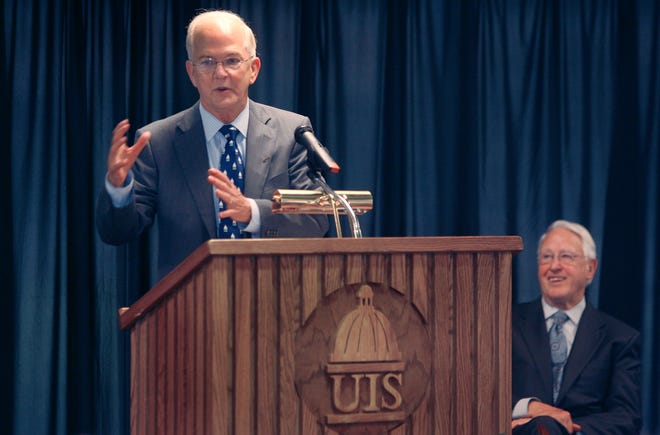 Michael Hogan, current president of the University of Connecticut, was introduced as the new president of the University of Illinois in a ceremony at the Public Affairs Center on the campus of the University of Illinois Springfield Thursday May 13, 2010. Michael Hogan speaks on Thursday at UIS. Looking on at right is University of Illinois interim president Stanley Ikenberry.