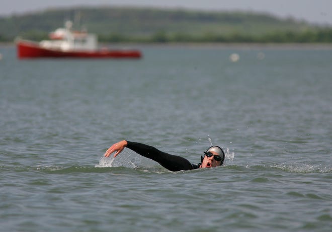 Brad Croall swims in Quincy Bay on Thursday afternoon in preparation for Sunday’s swim from Alcatraz Island to San Francisco.