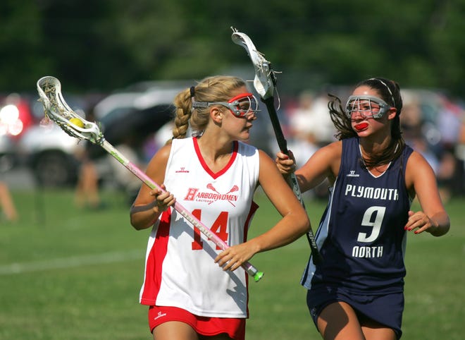 Hingham's Abigail Marjollet looks for an open teammate as Plymouth North's Chelsea DiTullio defends.