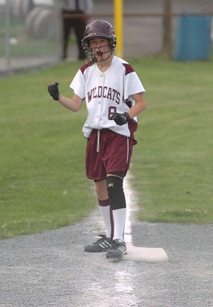 West Bridgewater's Ashley Joyce celebrates during her team's four-run fifth inning in the Wildcats' 4-1 win on Friday.