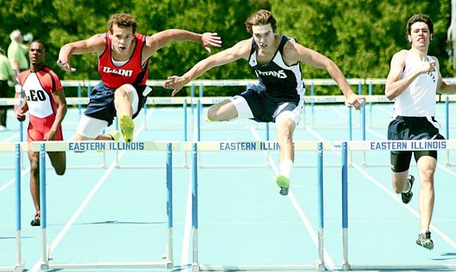 Annawan-Wethersfield’s Tanner Ewing, second from right, clears his final hurdle en route to the 300-meter title at the Class 1A state meet in Charleston. Ewing is the Star Courier’s Athlete of the Week.