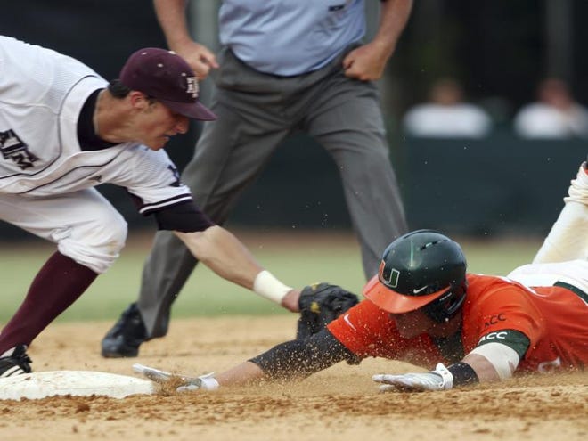 Miami's Yasmani Grandal, right, slides safely into second base after hitting a double as Texas A&M' second baseman Adam Smith is late on the tag in the fifth inning of an NCAA college regional baseball game in Coral Gables, Fla., Saturday.