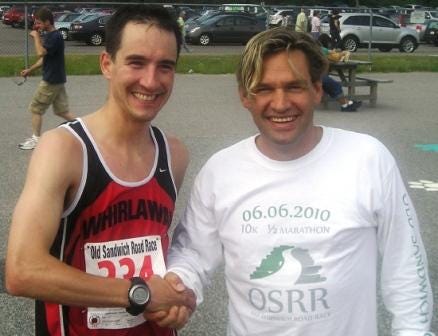 Old Sandwich Road Race Director Craig Valentine Brenner, right, with Chris Mahoney of Haverhill, the men’s winner of the half marathon on June 6, 2010. Mahoney is former Plymouth resident and graduated from Plymouth South High School in 1996.