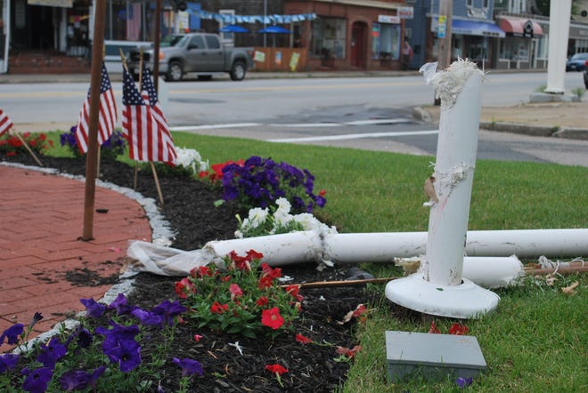 Around 1 a.m. Sunday, a female driver drove into the Fallen Soldiers Memorial at the intersection of Union and Water streets in Rockland. The flagpole was knocked over and an electrical panel was damaged.