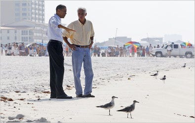 President Obama and Gov. Charlie Crist of Florida walked along Casino Beach in Pensacola Beach, Fla., on Tuesday.