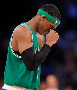 Boston Celtics guard Rajon Rondo reacts during the second half of Game 6 of the NBA Finals against the Los Angeles Lakers on Tuesday in Los Angeles.