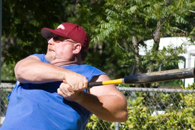 Jeff Lotz powered up for the Warlords June 12 during the 2010 Railroad Days Softball Tournament at the Dunsmuir City Park field.