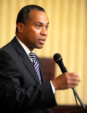 Governor Deval Patrick at the MetroWest Chamber of Commerce breakfast at the Crowne Plaza Hotel Friday morning.