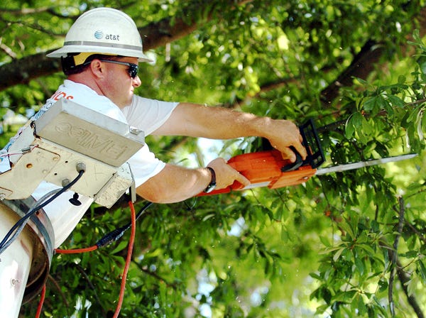 AT&T Pioneers volunteer Chris Goosby trims the branches of a tree with a chain saw Friday at the Barrie Center for Children. United Way volunteers took the community by storm and helped out at local social services agencies during United Way's annual Day of Action.