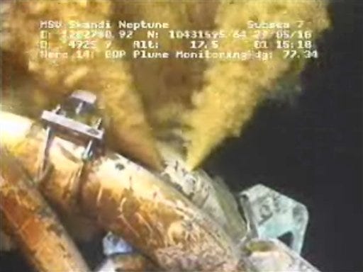This image made from video released by British Petroleum (BP PLC) early Saturday morning, May 29, 2010 shows drilling mud escaping from the broken pipe on the gushing oil well in the Gulf of Mexico. BP started pumping heavy mud into the leaking Gulf of Mexico well Wednesday and said everything was going as planned in the company's boldest attempt yet to plug the gusher that has spewed millions of gallons of oil over the last five weeks.