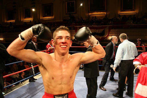 Ryan Kielczewski, the "Polish Prince" from Quincy, celebrates his first knockourt as a pro, a third-round TKO over Aaron Chavez at Mechanics Hall in Worcester on Thursday, March 19.