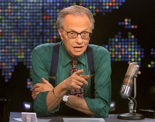 In an image provided by CNN, talk show host Larry King is shown on the set of his program "Larry King Live" at the CNN studios in Los Angeles on March 17. King, who interviewed statesmen and stars from a prime-time perch at CNN for 25 years but has faded in ratings and influence lately, said Tuesday that he will step down this fall from his nightly show.