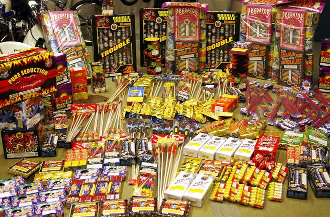 Stoughton police show off $2,000 worth of fireworks recovered during an undercover fireworks sting in June 2008. As every year, local police are reminding citizens that there is no tolerance for at-home fireworks displays.