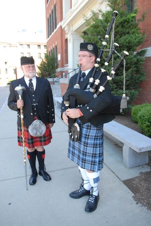 David Paige, 66, of Preston, left, and Dan Pisowloski, 16, of Canterbury, will compete in the World Pipe Band Championship in Scotland in August.