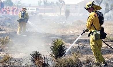 BRUSH FIRE: San Bernardino County and Cal Fire firefighters extinguish a 3-acre brush fire that swept across a field in Phelan on Wednesday afternoon.