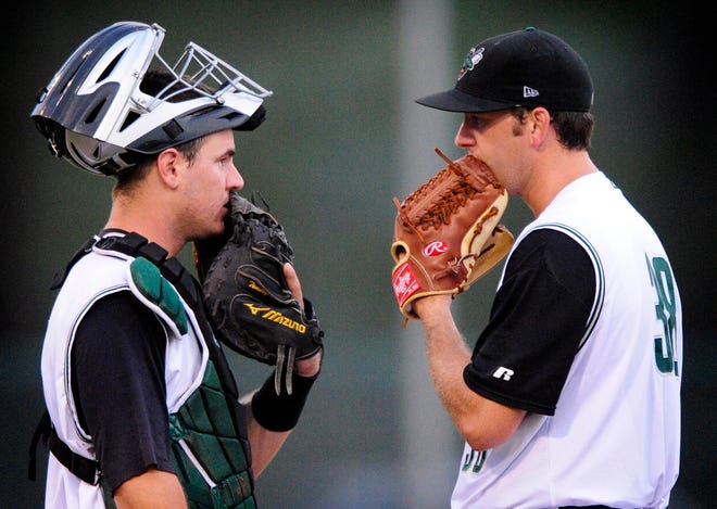 Augusta catcher Tommy Joseph (left) talks with starter Jeremy Toole, who wasn't able to make it through the fourth inning.