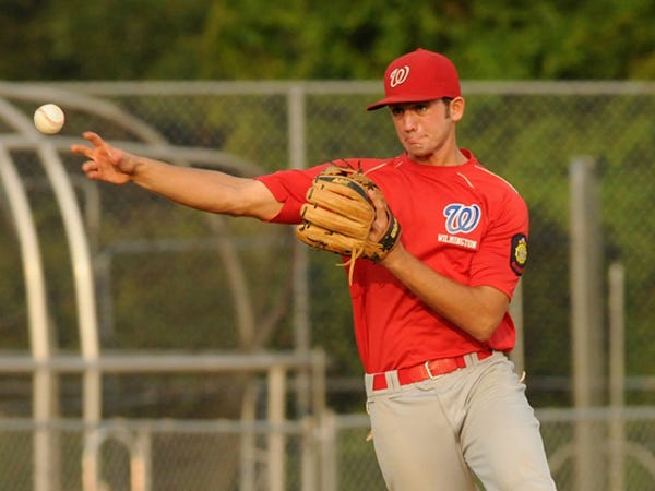 Wilmington Post 10's Luke Tendler fires the ball to first base for an out in the first inning of Game 3 in the American Legion Area II East final, against Morehead City Post 46 on July 9 at Buck Hardee Field.