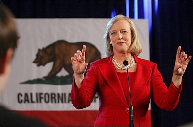 Meg Whitman answering questions after a rally in Anaheim in June.