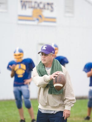 Tom Buck leads Galva-Williamsfield football players through a drill during an early-season practice last year. Buck, who’s in his second season since returning to Galva, is welcoming ROWVA players to his team – a co-op called the Mid-County Cougars – this year.