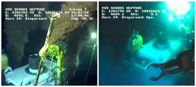 This image, taken from BP video Thursday, shows the flow of oil suspended at the site of the Deepwater Horizon leak, which began back in April. The next phase: watching to see if the capped well will hold or blow a new leak.