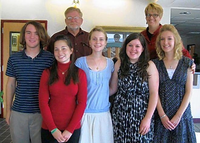 Bangor Area High School Alumni Association scholarship recipients, from left, are Greyson Parrelli, Shanna Tucker, Stephanie Wain, Kaitlin Dylnicki, and Krystal Ditzig. Also pictured are Robert Blake, co-chair of the scholarship committee, and Pat Mulroy, assistant superintendent of the school district.