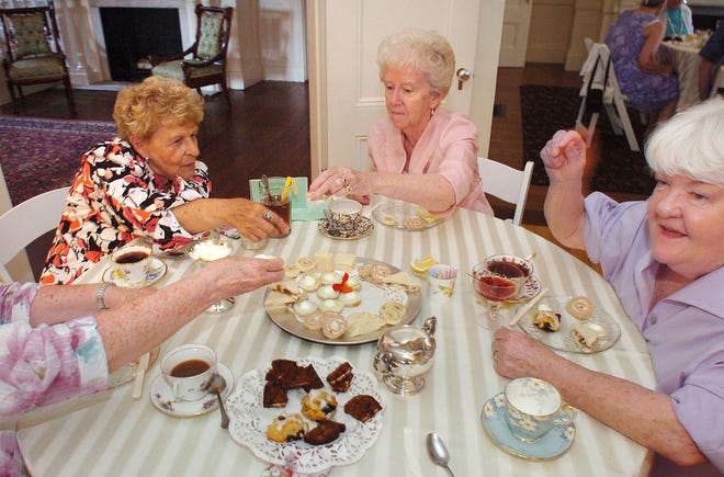 Rita Joyce, Mary Cobb and Ann Cull enjoy the treats. Visitors to the Daniel Webster Estate in Marshfield Sunday, July 18, 2010 were treated to high tea in a Victorian setting at the 1880 Victorian Mansion. Tea and delicate dishes were served on silver and china.