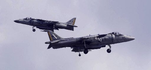 A U.S. Marine Corps AV8B Harrier aircraft similar to these crashed in the Ocala National Forest Saturday, the pilot safely ejecting.