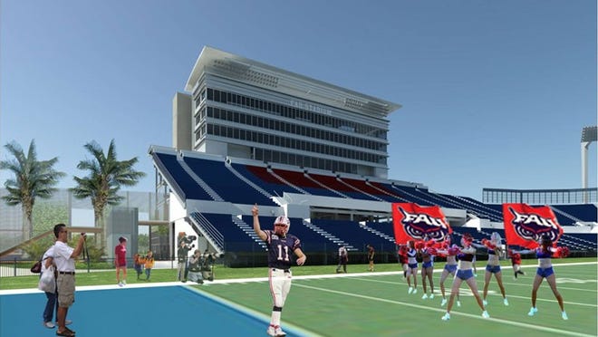 An artist's rendering of the new FAU football stadium, as viewed from field level.