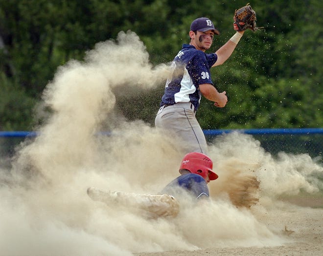 Dust shrouds Milton base runner Brian Besinger and Brockton infielder Zack Apotheker during an American Legion baseball game this week at Braintree High School. This month’s high heat and minimal rainfall have left local playing fields extremely dry.