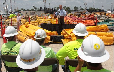Vice President Joseph R. Biden Jr. spoke to workers on Thursday after touring an oil boom decontamination facility in Theodore, Ala. Mr. Biden also met with business owners in the area.