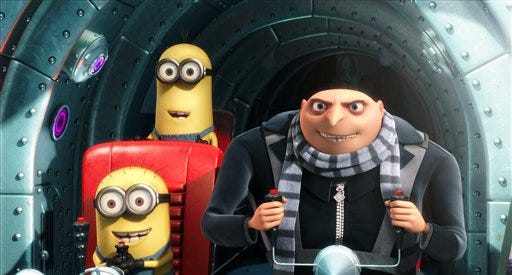 FILE - In this film publicity file image released by Universal Pictures, Gru, voiced by Steve Carell, is shown with two of his minions in a scene from the 3-D CGI feature, "Despicable Me", about a villain who meets his match in three little girls. "Despicable Me" wasn't such a bad guy after all, it seems, opening at the top of the box office with an estimated $60.1 million. The first 3-D animated movie from Universal Pictures stars Steve Carell as the voice of Gru, a bumbling villain with plans to steal the moon _ until three adorable orphan girls enter his life. Jason Segel, Russell Brand and Julie Andrews are among the star-studded voice cast. (AP Photo/Universal Pictures - Illumination Entertainment, File) NO SALES