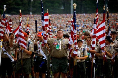 Boy Scouts said their pledge at the recent National Scout Jamboree in Fort A.P. Hill, Va. The organization is celebrating its 100th anniversary this year.