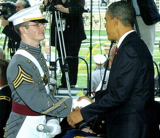COURTESY PHOTO
Cadet Kristopher Webber of Gilford is congratulated by President Obama upon his graduation from the United States Military Academy at West Point on May 22, 2010.