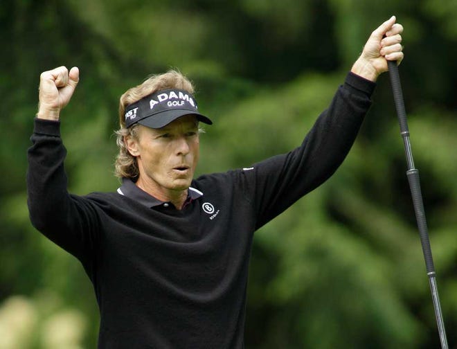 Bernhard Langer, of Germany, celebrates his birdie on the third hole in the final round of the U.S. Senior Open golf tournament Sunday, Aug. 1, 2010, at Sahalee Country Club in Sammamish, Wash. (AP Photo/Ted S. Warren)