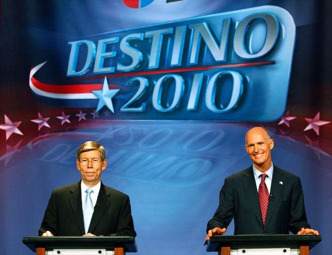 Republicans Bill McCollum, left, and Rick Scott held their first debate, Monday in Miami.