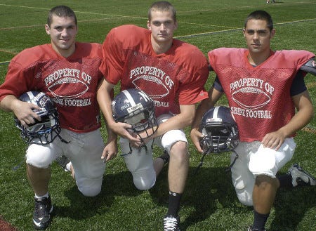 Ken Stejbach photo
From left, Exeter’s Dylan Ryan, Ben Callahan and Zach Kelleher were practicing hard with their New Hampshire teammates in preparation for Saturday’s Shrine Maple Sugar Bowl game against Vermont.