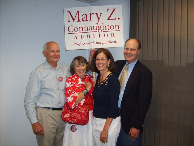 Mary Z. Connaughton opened her campaign office for state Auditor yesterday in Framingham. Pictured from left are: Dave Powell of Wellesley Hills, Captain of the Wellesley Connaughton Campaign Committee; Elise Zarrilli of Southborough, Connaughton's mother; Connaughton of Framingham; and Geoff Sauter of Dover, Captain of the Dover Connaughton Campaign Committee.