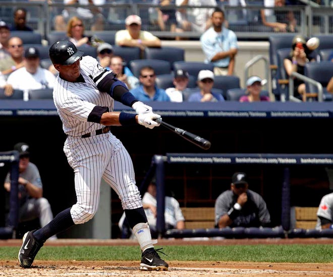New York Yankees' Alex Rodriguez connects for his 600th career home run during the first inning of a baseball game against the Toronto Blue Jays at Yankee Stadium on Wednesday, Aug. 4, 2010 in New York. (AP Photo/Kathy Willens)