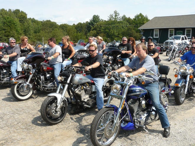 Riders prepare to depart from the Colchester Fish and Game Club at the CT Lyme Riders fourth annual Lyme Disease Poker Run, Sunday, Aug. 8, 2010 in Colchester.