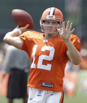 Cleveland Browns quarterback Colt McCoy throws a pass during training camp.