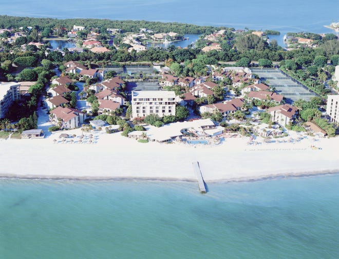 An aerial photograph shows the Colony Beach and Tennis Resort on Longboat Key.