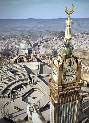 The four-faced clock atop the Abraj Al-Bait Towers in Mecca, Saudi Arabia, 
stands over the holy Kabaa.ASSOCIATED PRESS / SAUDI PRESS AGENCY