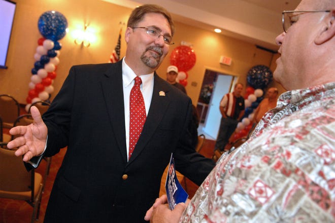 Republican congressional candidate Ray McKinney, left, chats with Lynn Derriso, vice chairman of the Screven County Republican Party, as they awaited election returns Tuesday night. (Carl Elmore/Savannah Morning News)